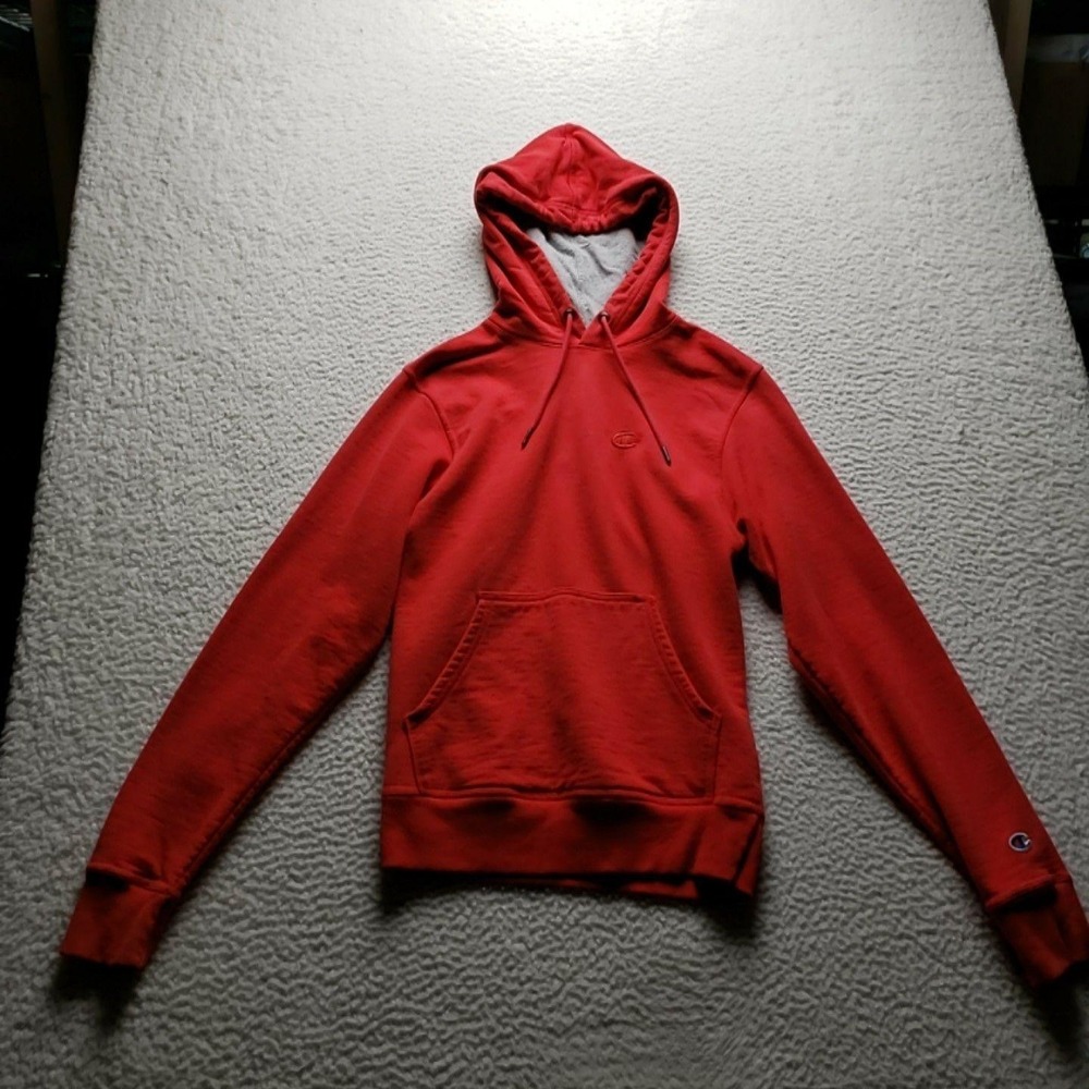 Champion Hoodie Mens XS Red Fleece Pullover Kangaroo Pocket Chest Sleeve Logo